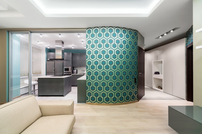 turquoise-blue pentagons on wallpaper
