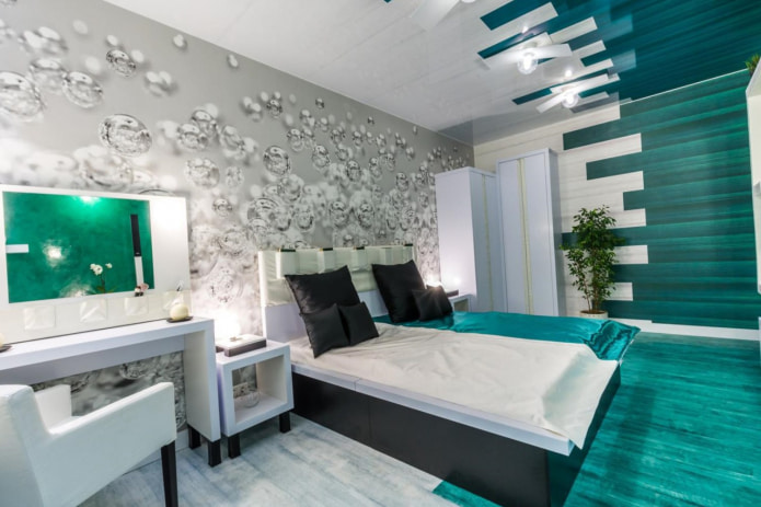 combinatie van grijs fotobehang en geometrische turquoise print