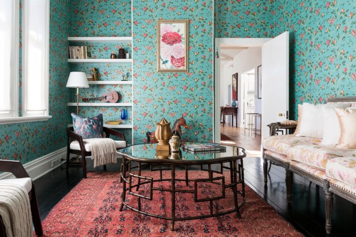 Turkoois behang met bloemen