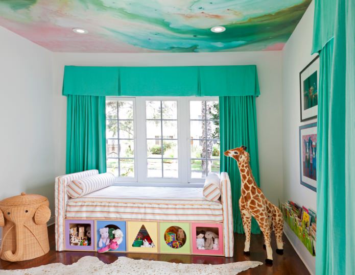 turquoise gordijnen met lambrequin
