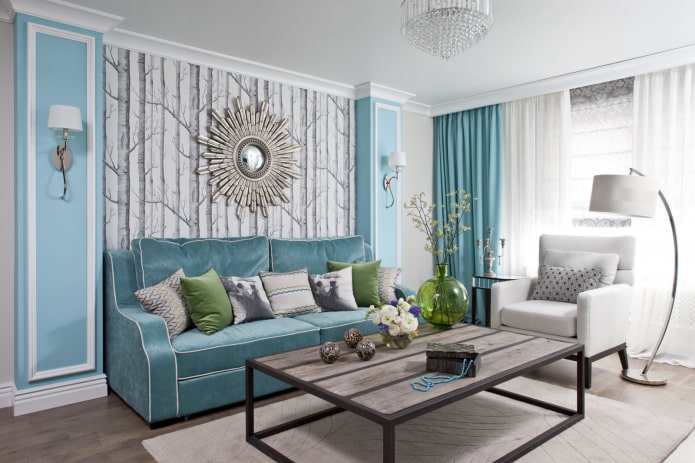 turquoise bank in het interieur van de woonkamer