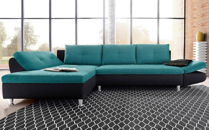 zwart en turquoise bank in het interieur
