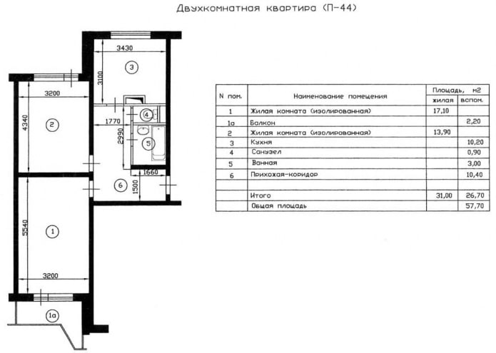 Indeling van een tweekamerappartement, serie P-44