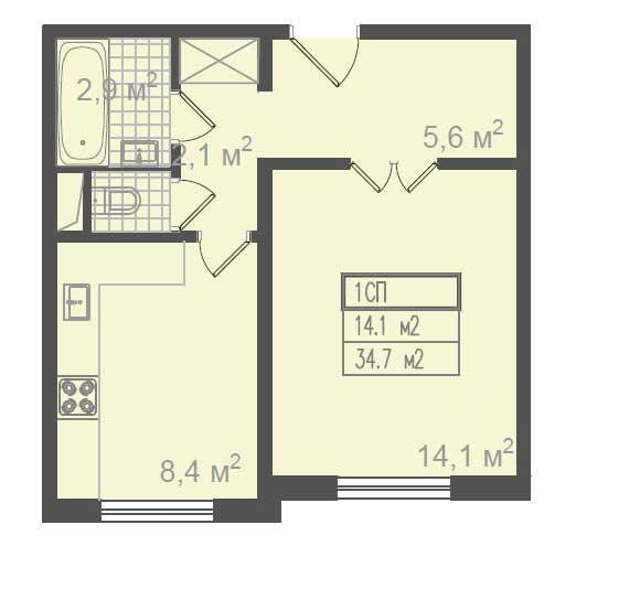 Indeling van een 1-kamerappartement, serie P-3