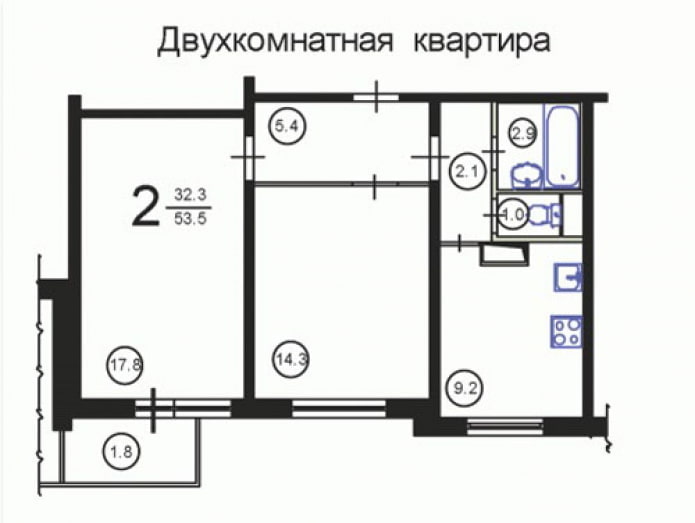 Indeling van een 2-kamerappartement, serie P-3
