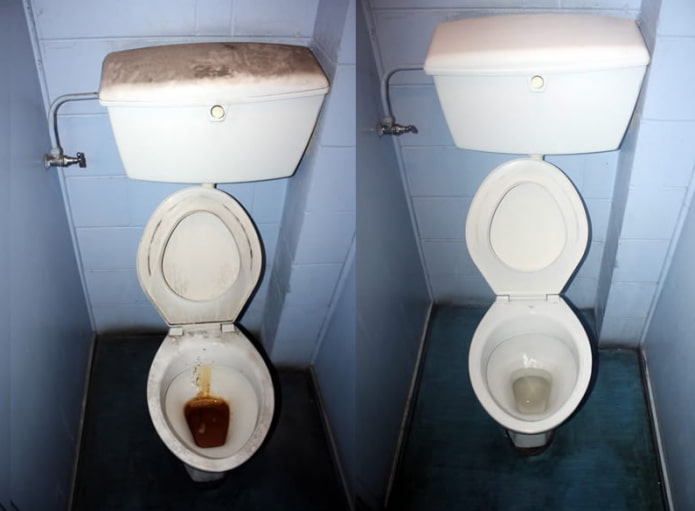Toilet voor en na het reinigen met elektrolyt
