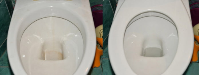 Toilet voor en na het reinigen met citroenzuur en azijn