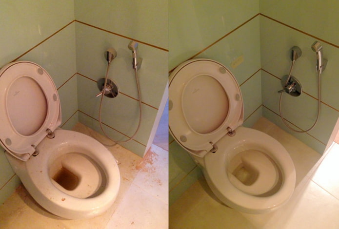 Toilet voor en na het reinigen met Sarma-poeder