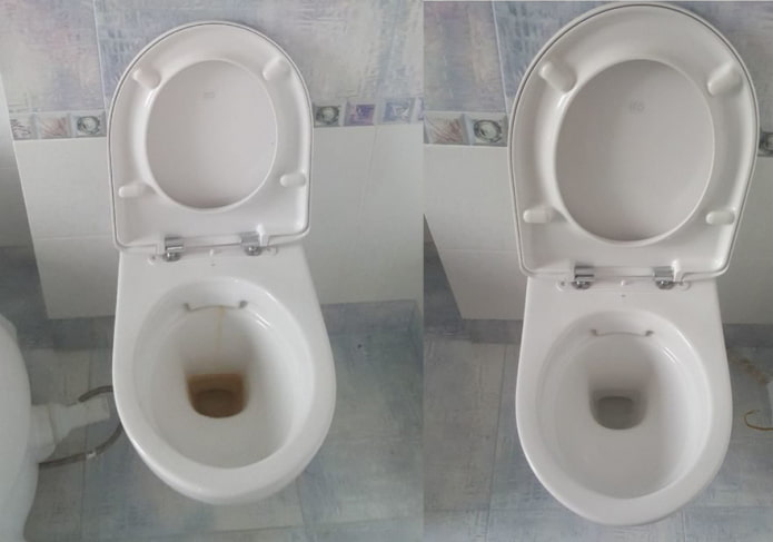 Toilet voor en na het reinigen met soda en azijn