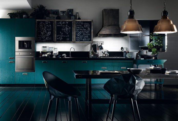 keukeninterieur in zwarte en turquoise tinten