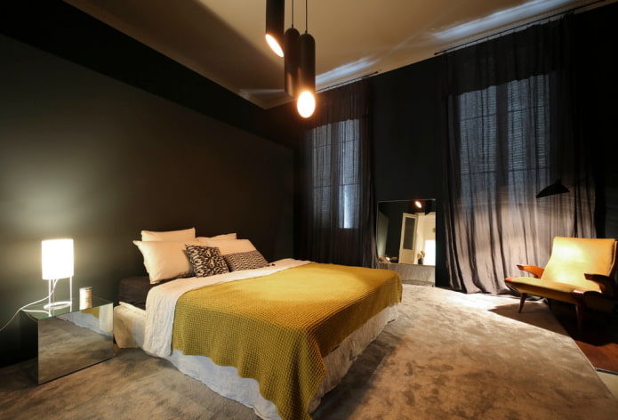 textiel in het interieur van de slaapkamer in zwarte tinten
