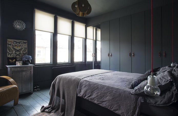 meubels in het slaapkamerinterieur in zwarte tinten