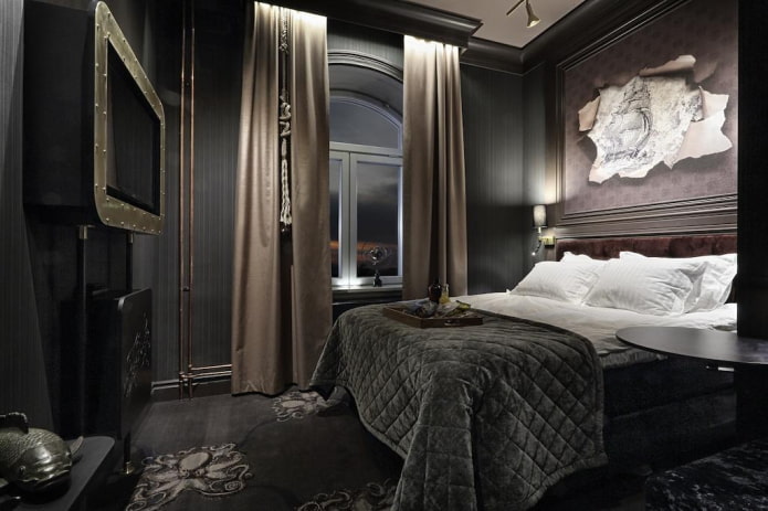 textiel in het interieur van de slaapkamer in zwarte tinten