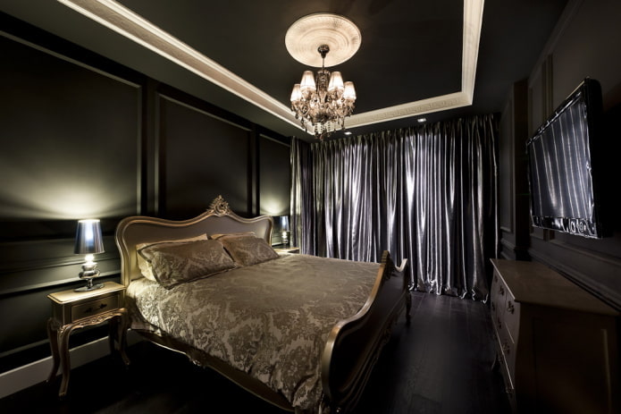 meubels in het interieur van de slaapkamer in zwarte tinten