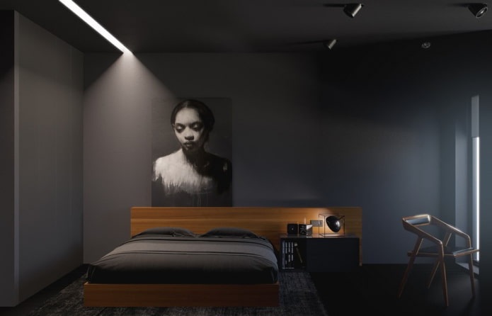 zwarte slaapkamer in een minimalistische stijl