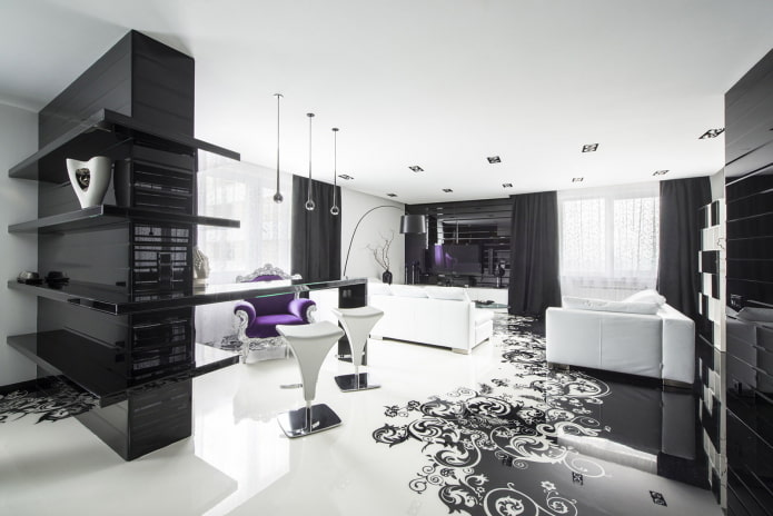 woonkamer in zwart-wittinten in art-decostijl