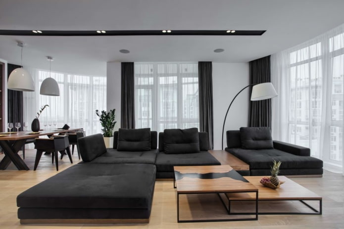 kleurencombinatie in de woonkamer in zwart-wittinten