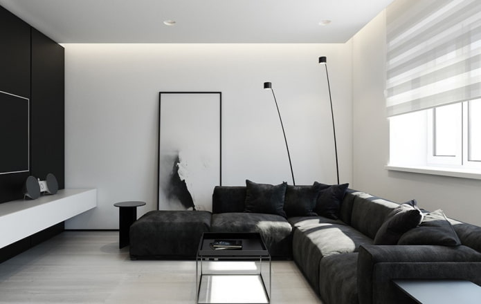 woonkamer in zwart-wittinten in witte tinten in minimalistische stijl