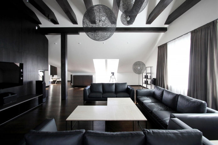 woonkamer in zwart-wittinten in loftstijl