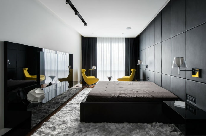 meubels in het slaapkamerinterieur in zwart-wittinten