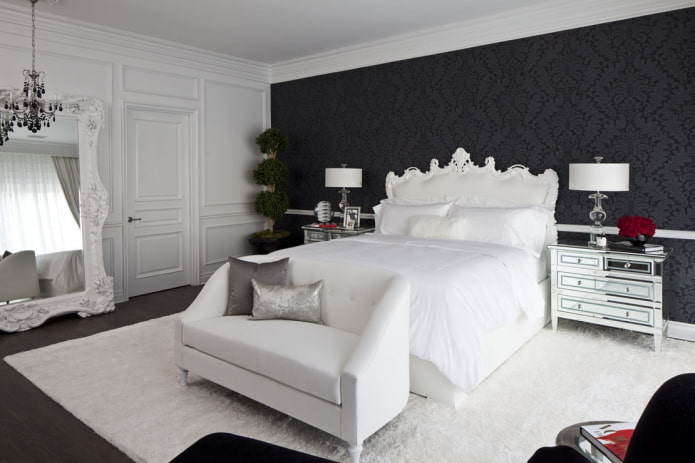 meubels in het interieur van de slaapkamer in zwart-wittinten