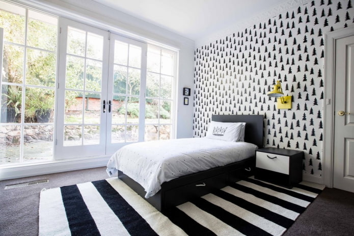 textiel in het slaapkamerinterieur in zwart-wittinten