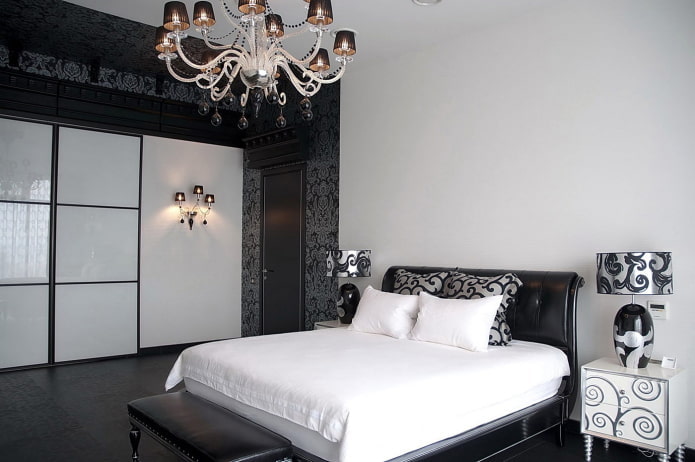zwart-wit slaapkamerinterieur in art-decostijl