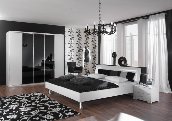 meubels in het slaapkamerinterieur in zwart-wittinten