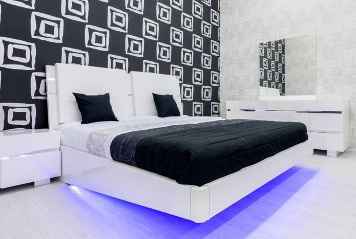 meubels in het interieur van de slaapkamer in zwart-wittinten