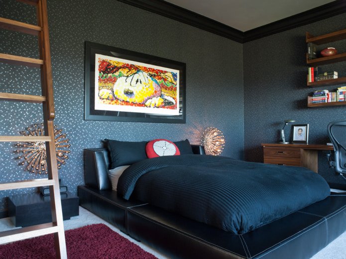 donker behang met glitter in de slaapkamer
