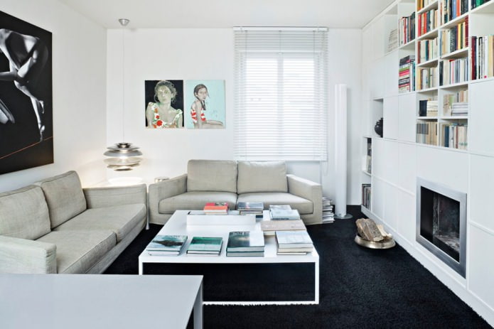 tapijt in het interieur van een zwart-witte woonkamer