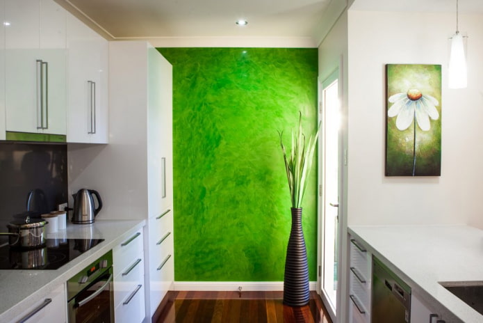 groen pleisterwerk in het keukeninterieur