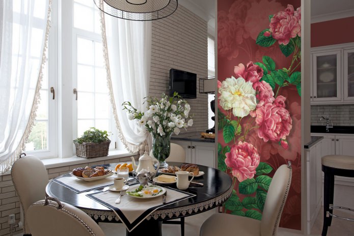 Wit bakstenen behang in het keukeninterieur