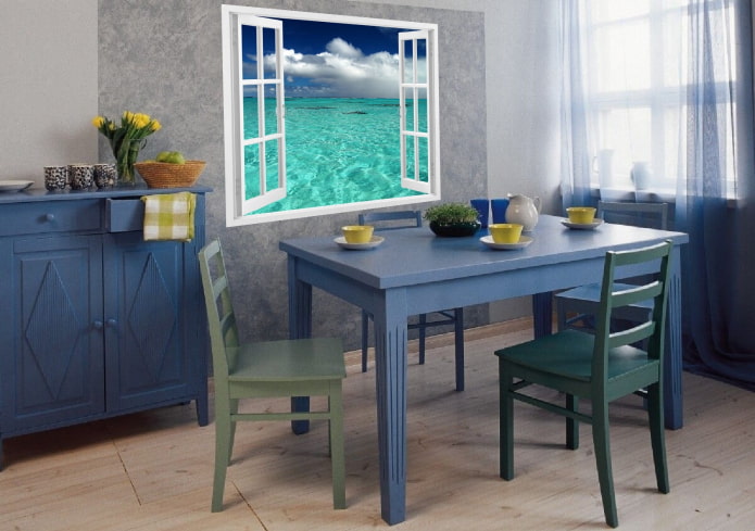 blauwe houten tafel in het interieur