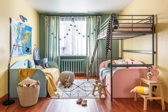meubels in het interieur van een slaapkamer voor kinderen van verschillende geslachten