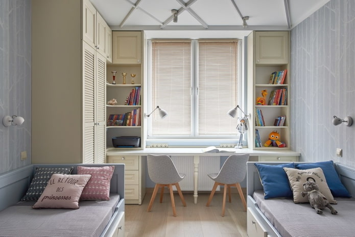 studeerhoek in het interieur van de slaapkamer voor kinderen van verschillende geslachten