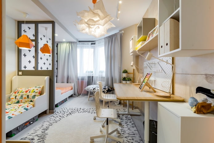 studeerhoek in het interieur van de slaapkamer voor kinderen van verschillende geslachten