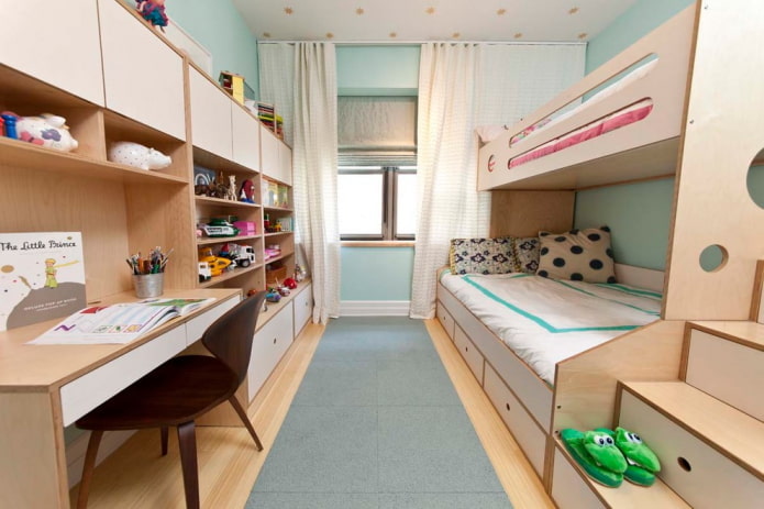 indeling en planning van een slaapkamer voor kinderen van verschillende geslachten