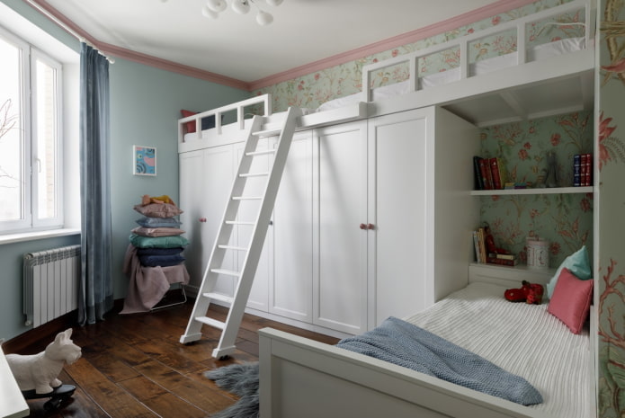 Opbergen van spullen in het interieur van de slaapkamer voor kinderen van verschillende geslachten