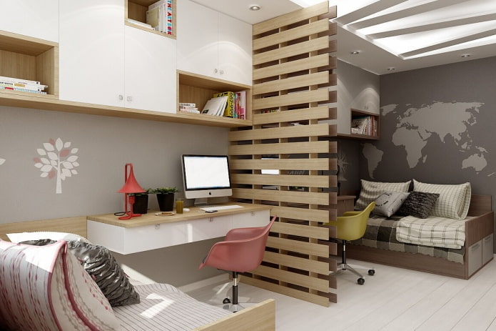meubels in het interieur van een slaapkamer voor kinderen van verschillende geslachten