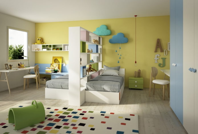 indeling en planning van een slaapkamer voor kinderen van verschillende geslachten
