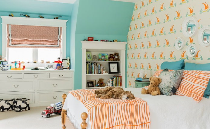 Tiffany-kleur in het interieur van een kinderkamer