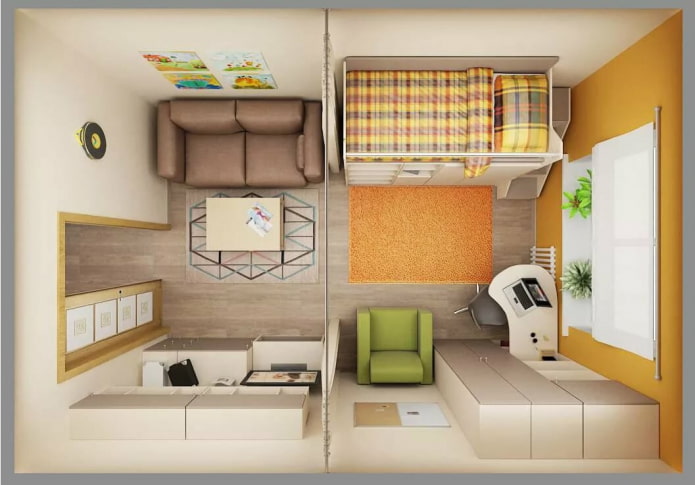 Kinderkamer en woonkamer in een eenkamerappartement