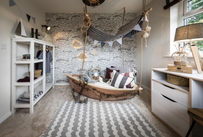 meubels in het interieur van de kinderkamer in maritieme stijl