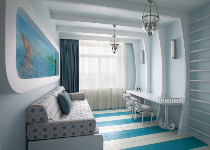 interieur van een meisjeskamer in maritieme stijl