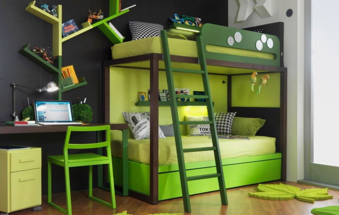 lichtgroen stapelbed in een kinderkamer