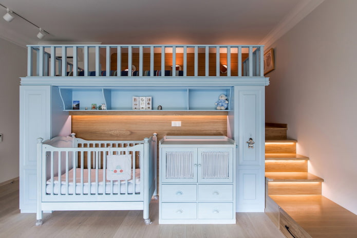 een model met twee niveaus in een kinderkamer voor kinderen van verschillende leeftijden