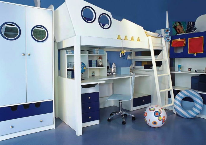 tweelaags model in een kinderkamer in maritieme stijl
