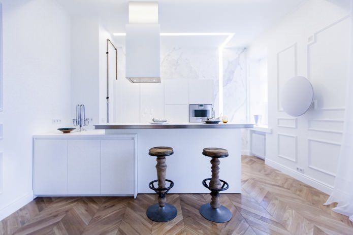Interieur van een gecombineerde Keuken-woonkamer met bar