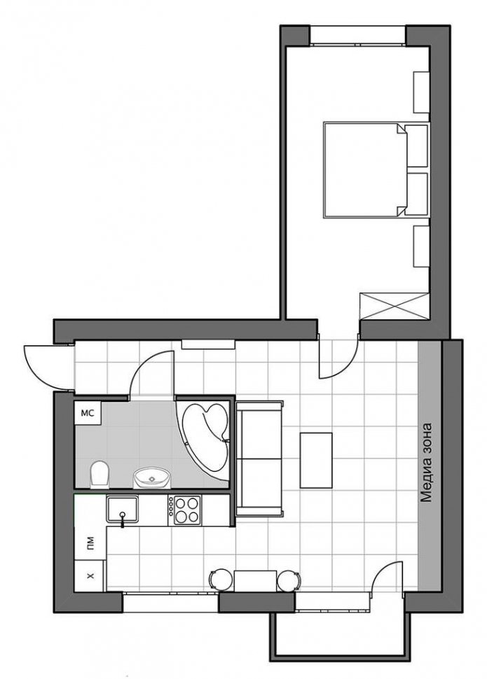 indeling van een tweekamerappartement in Europese stijl